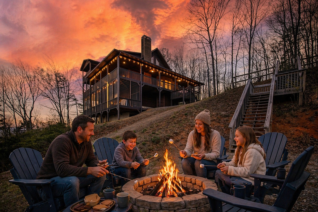 Family roasting marshmallows at a fire pit below a lit cabin, short-term rental lifestyle photography