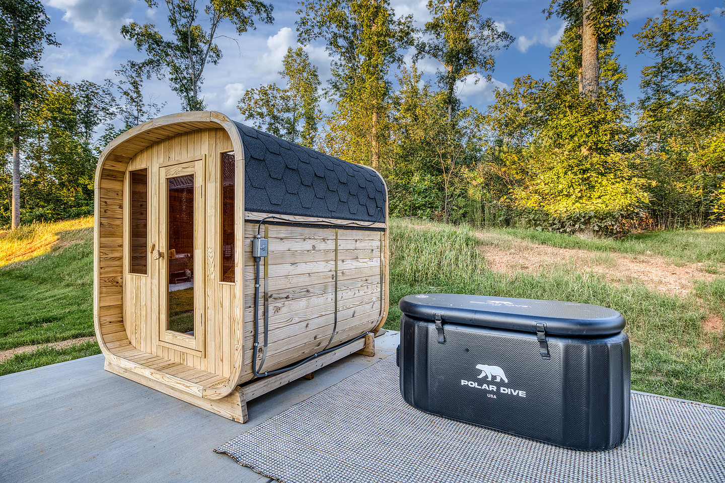 Barrel sauna and cold plunge at a North Georgia cabin