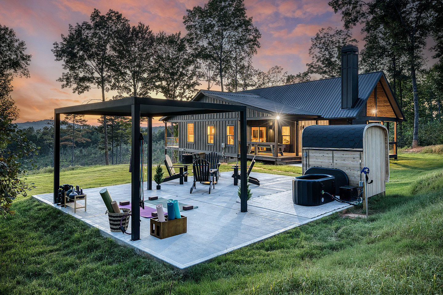 Backyard pergola and patio at twilight