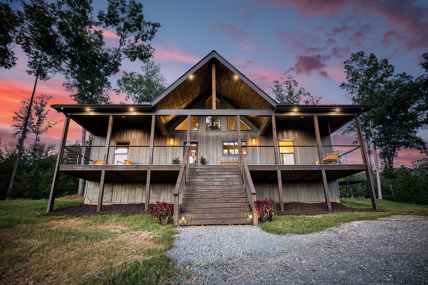 Highgrove cabin exterior at sunset, North Georgia short-term rental photography